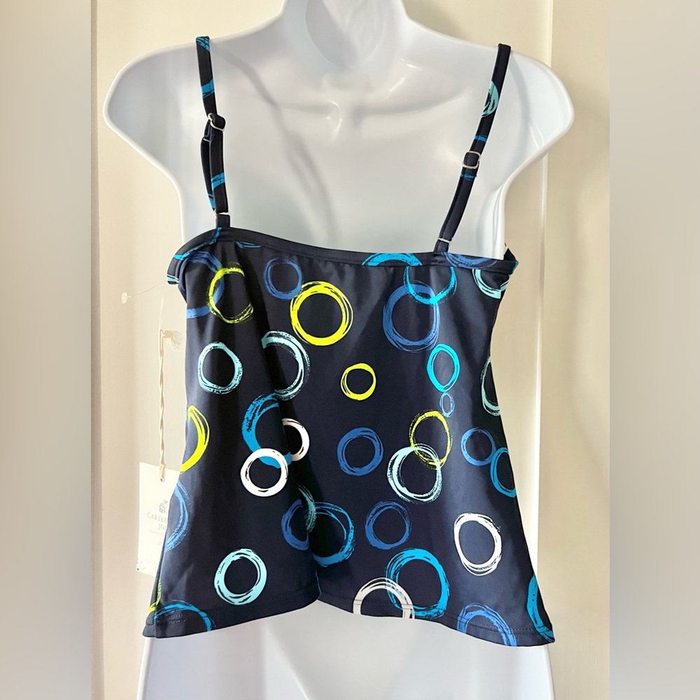 New Caribbean Joe Tankini Swim Top Women's 14 Navy Blue Geometric Abstract NWT - Picture 2 of 7